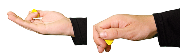 Hand holding yellow guitar pick from two viewpoints